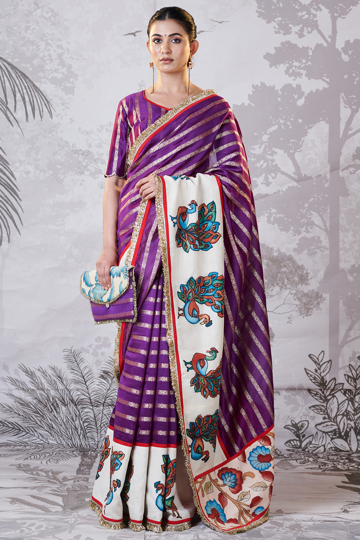 Purple Banarasi Silk Chanderi Kalamkari Hand-Painted Wedding Saree Set by AAMRA BY LAVANYA at Pernia's Pop Up Shop