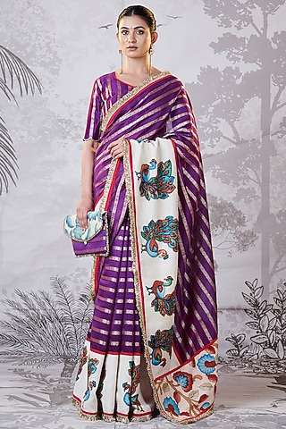 Purple Banarasi Silk Chanderi Kalamkari Hand-Painted Saree Set by AAMRA BY LAVANYA
