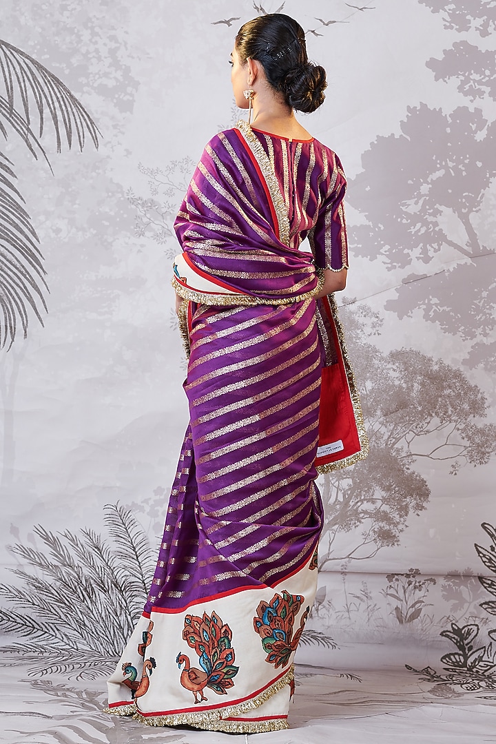 Purple Banarasi Silk Chanderi Kalamkari Hand-Painted Wedding Saree Set by AAMRA BY LAVANYA at Pernia's Pop Up Shop