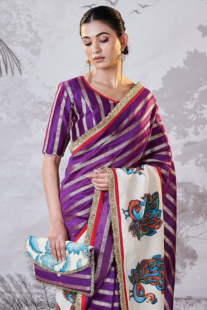 Purple Banarasi Silk Chanderi Kalamkari Hand-Painted Wedding Saree Set by AAMRA BY LAVANYA at Pernia's Pop Up Shop