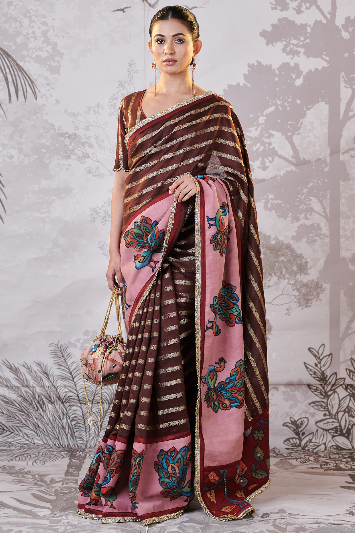 Brown Banarasi Silk Chanderi Kalamkari Hand-Painted Wedding Saree Set by AAMRA BY LAVANYA at Pernia's Pop Up Shop