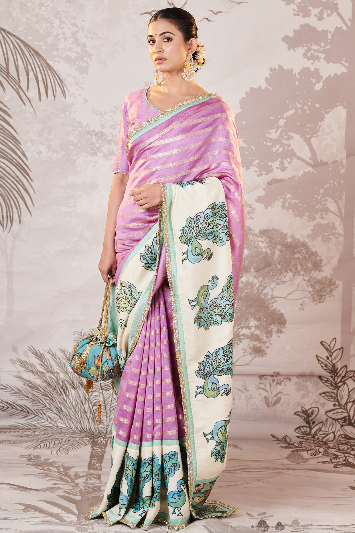 Lilac Banarasi Silk Chanderi Kalamkari Hand-Painted Wedding Saree Set by AAMRA BY LAVANYA at Pernia's Pop Up Shop