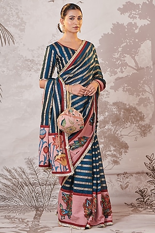 Peacock Blue Banarasi Silk Chanderi Kalamkari Hand-Painted Saree Set by AAMRA BY LAVANYA