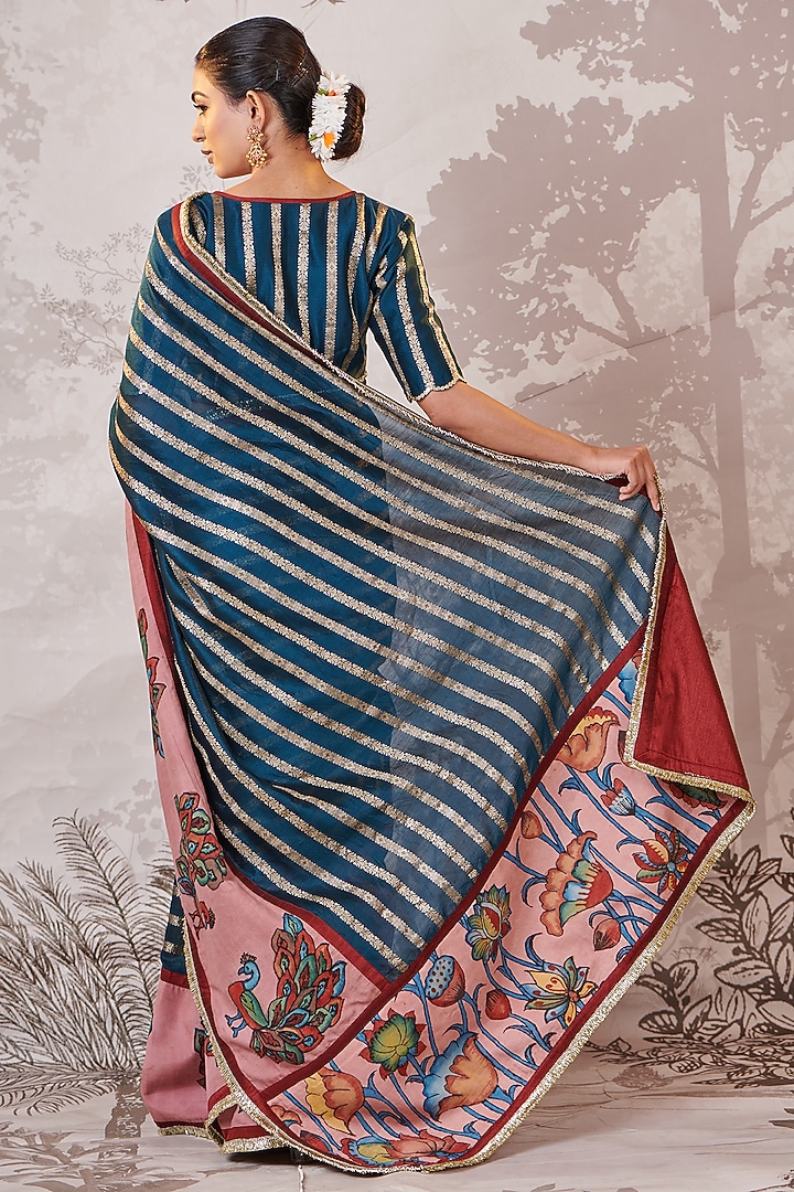 Peacock Blue Banarasi Silk Chanderi Kalamkari Hand-Painted Wedding Saree Set by AAMRA BY LAVANYA at Pernia's Pop Up Shop