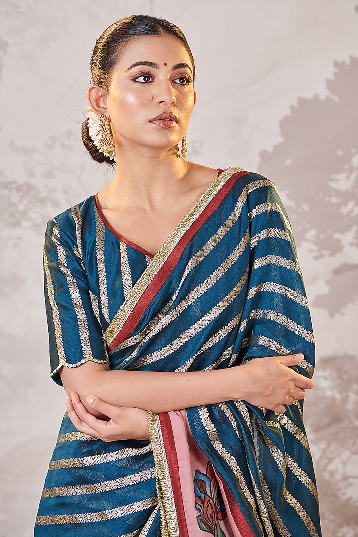 Peacock Blue Banarasi Silk Chanderi Kalamkari Hand-Painted Wedding Saree Set by AAMRA BY LAVANYA at Pernia's Pop Up Shop
