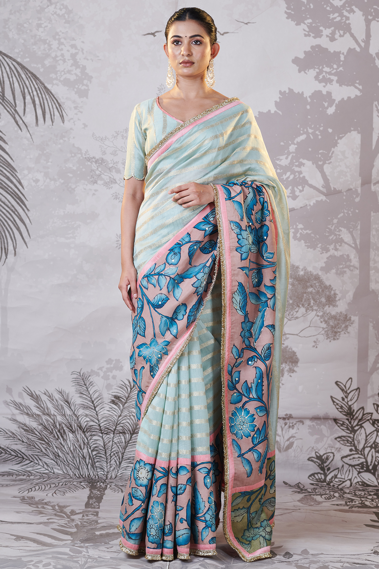 Ice Green Banarasi Silk Chanderi Kalamkari Hand-Painted Wedding Saree Set by AAMRA BY LAVANYA at Pernia's Pop Up Shop