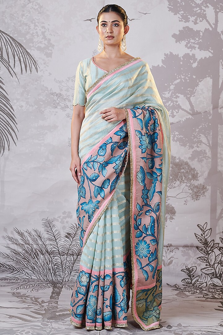 Ice Green Banarasi Silk Chanderi Kalamkari Hand-Painted Wedding Saree Set by AAMRA BY LAVANYA at Pernia's Pop Up Shop