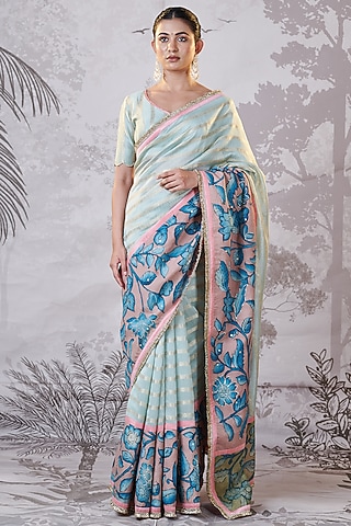 Ice Green Banarasi Silk Chanderi Kalamkari Hand-Painted Saree Set by AAMRA BY LAVANYA