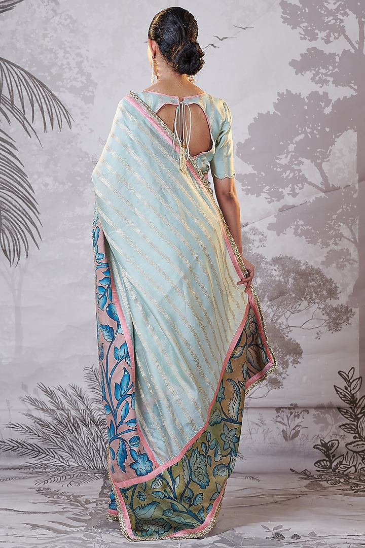 Ice Green Banarasi Silk Chanderi Kalamkari Hand-Painted Wedding Saree Set by AAMRA BY LAVANYA at Pernia's Pop Up Shop
