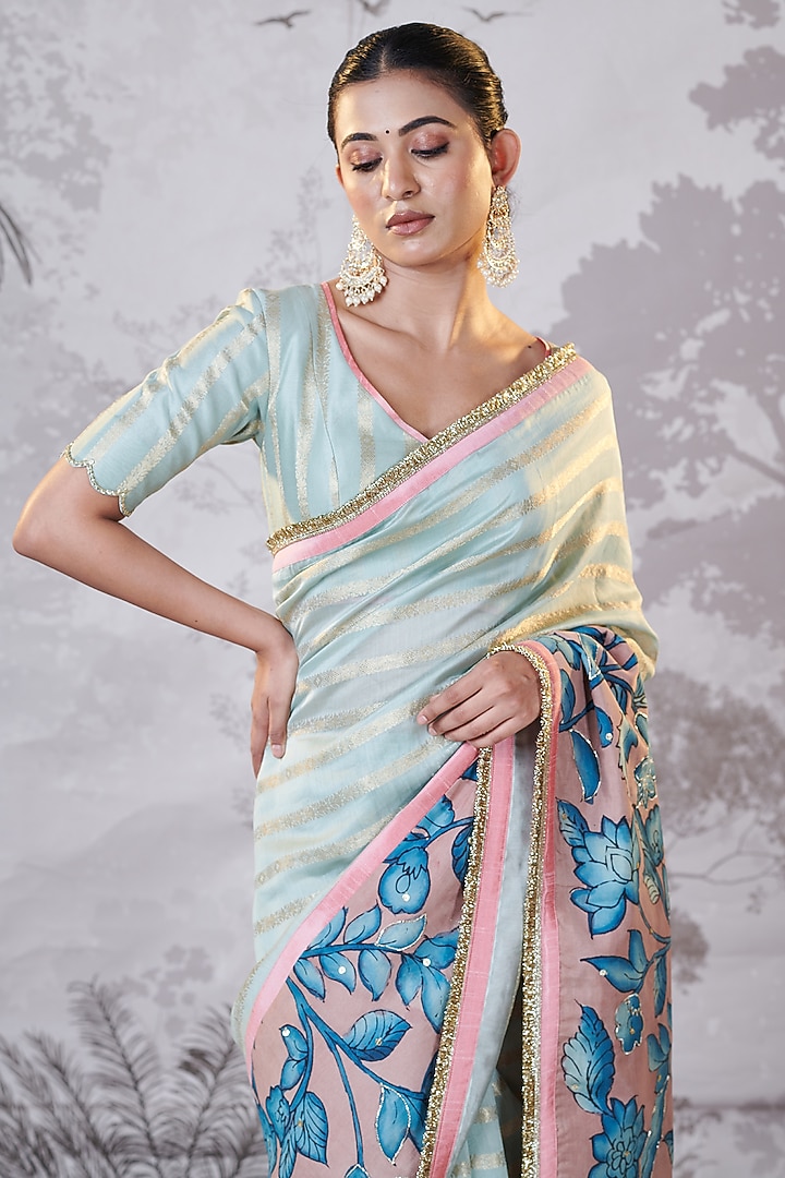 Ice Green Banarasi Silk Chanderi Kalamkari Hand-Painted Wedding Saree Set by AAMRA BY LAVANYA at Pernia's Pop Up Shop