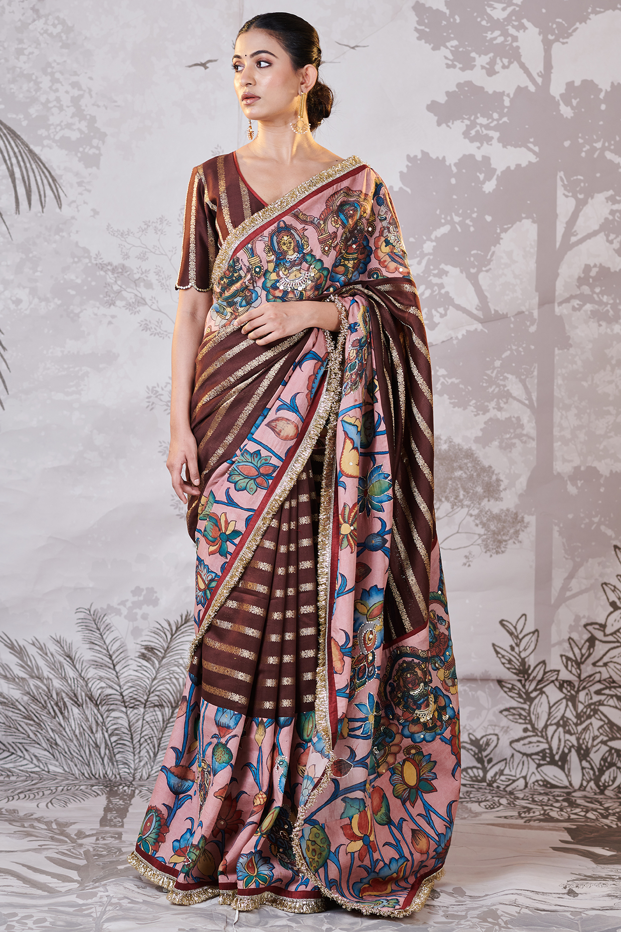 Brown Banarasi Silk Chanderi Kalamkari Hand-Painted Saree Set by AAMRA BY LAVANYA at Pernia's Pop Up Shop