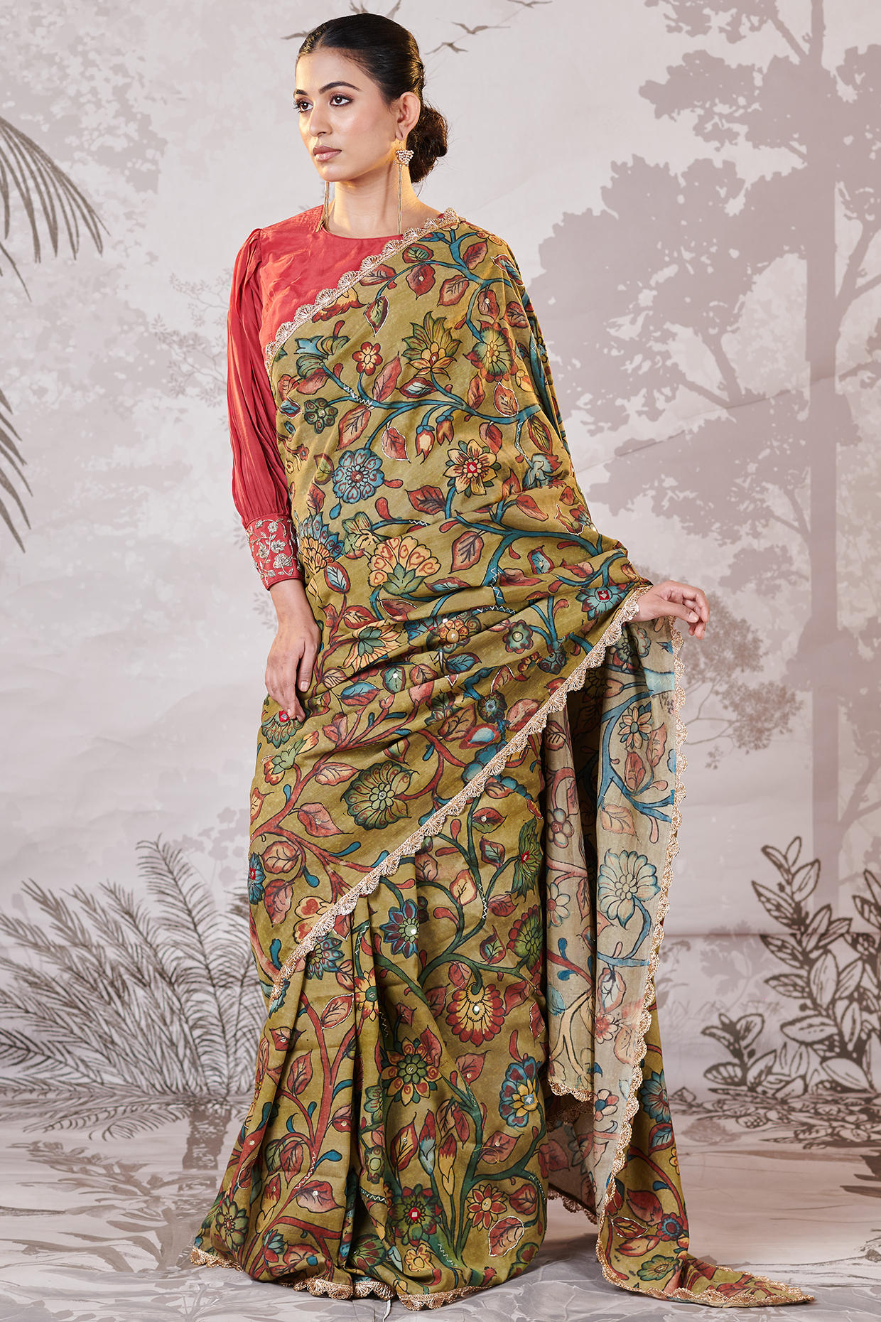Olive Green Silk Floral Hand-Painted Kalamkari & Embroidered Wedding Saree Set by AAMRA BY LAVANYA at Pernia's Pop Up Shop