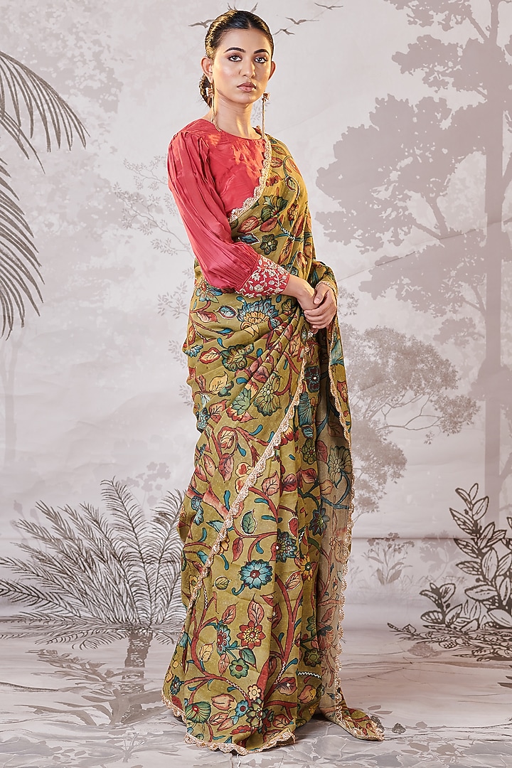 Olive Green Silk Floral Hand-Painted Kalamkari & Embroidered Wedding Saree Set by AAMRA BY LAVANYA at Pernia's Pop Up Shop