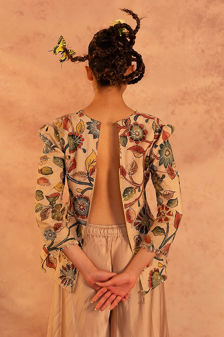 Ivory Silk Floral Hand Painted & Sequins Embroidered Jacket Set by AAMRA BY LAVANYA at Pernia's Pop Up Shop