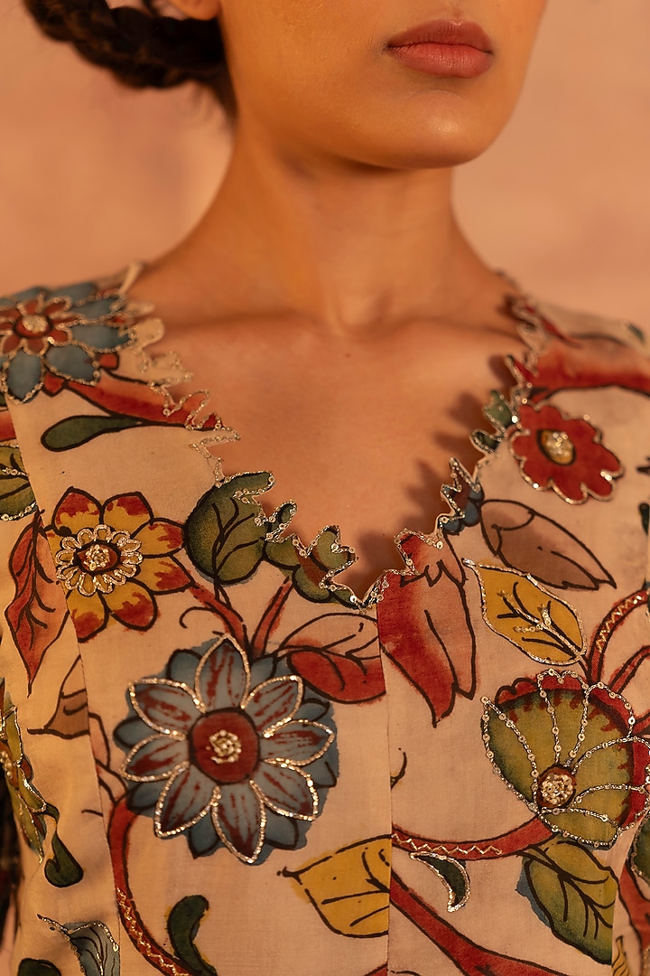 Ivory Silk Floral Hand Painted & Sequins Embroidered Jacket Set by AAMRA BY LAVANYA at Pernia's Pop Up Shop