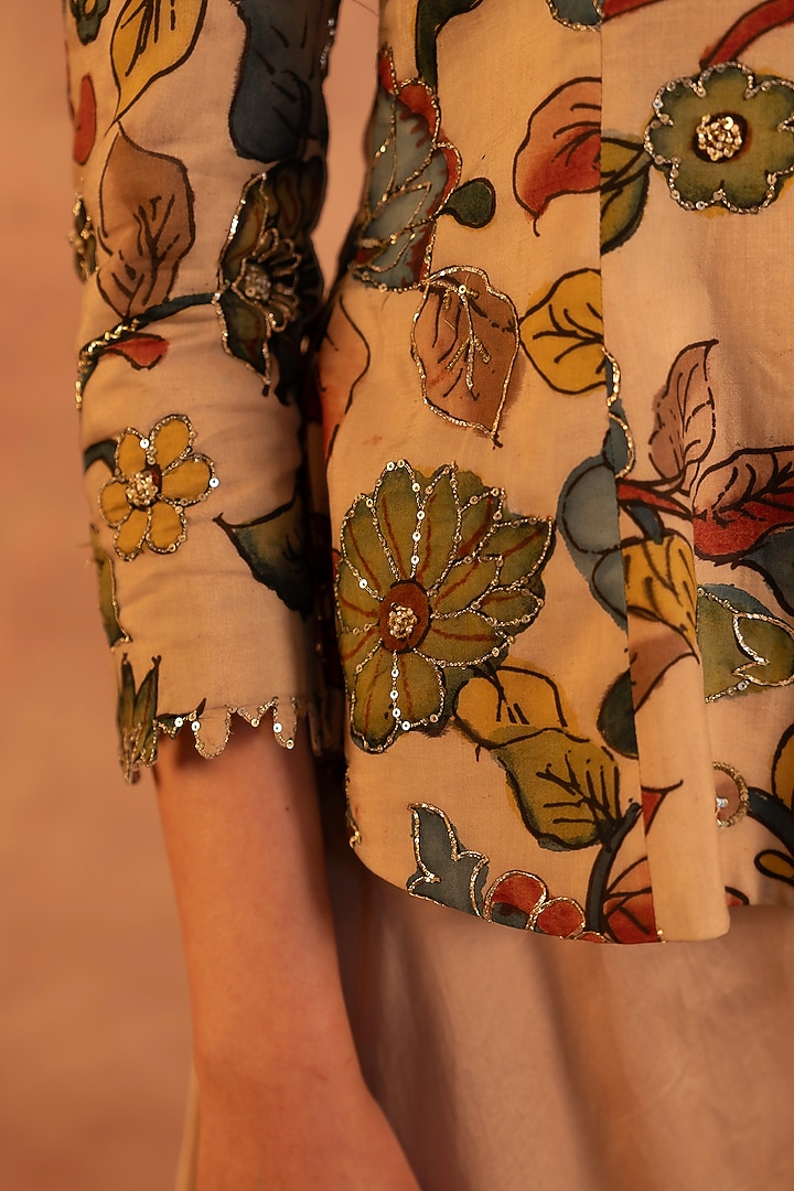 Ivory Silk Floral Hand Painted & Sequins Embroidered Jacket Set by AAMRA BY LAVANYA at Pernia's Pop Up Shop