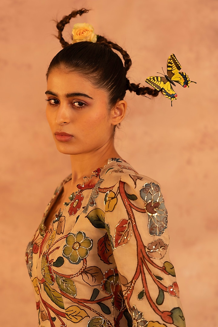Ivory Silk Floral Hand Painted & Sequins Embroidered Jacket Set by AAMRA BY LAVANYA at Pernia's Pop Up Shop