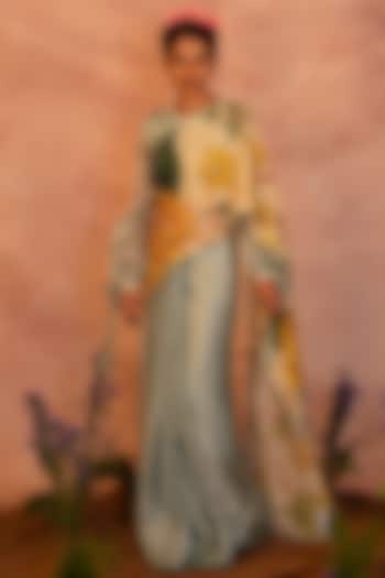 Ice Blue Satin & Organza Hand Painted & Hand Embroidered Contemporary Wedding Saree Set by AAMRA BY LAVANYA at Pernia's Pop Up Shop