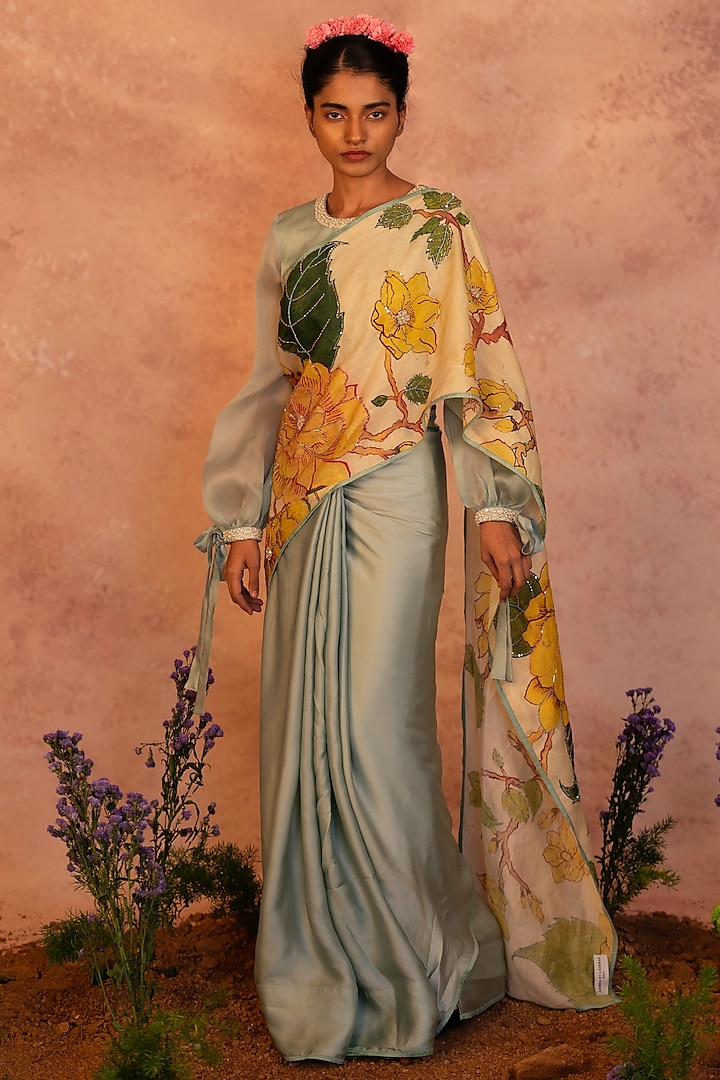 Ice Blue Satin & Organza Hand Painted & Hand Embroidered Contemporary Wedding Saree Set by AAMRA BY LAVANYA at Pernia's Pop Up Shop