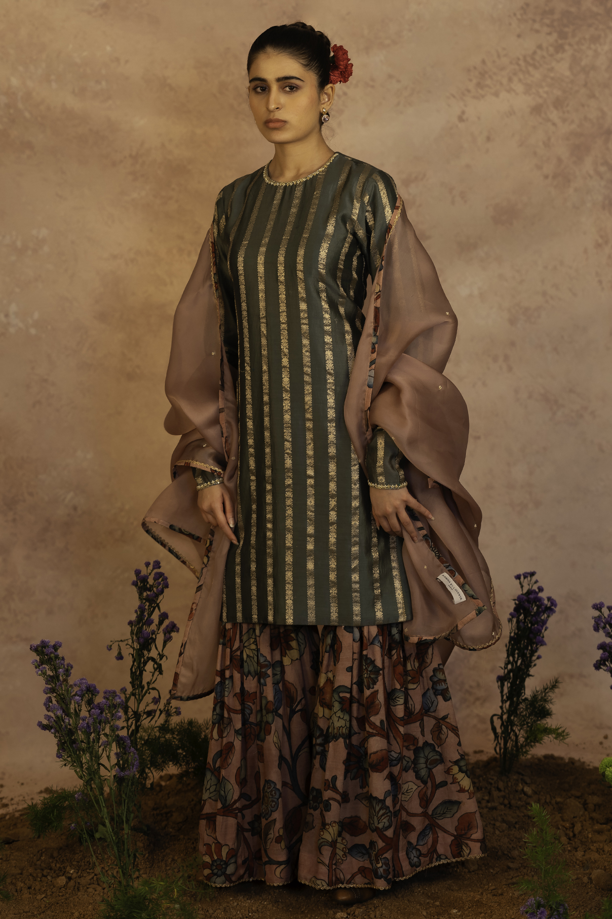 Sage Green Chanderi & Silk Hand Painted Wedding Sharara Set by AAMRA BY LAVANYA at Pernia's Pop Up Shop