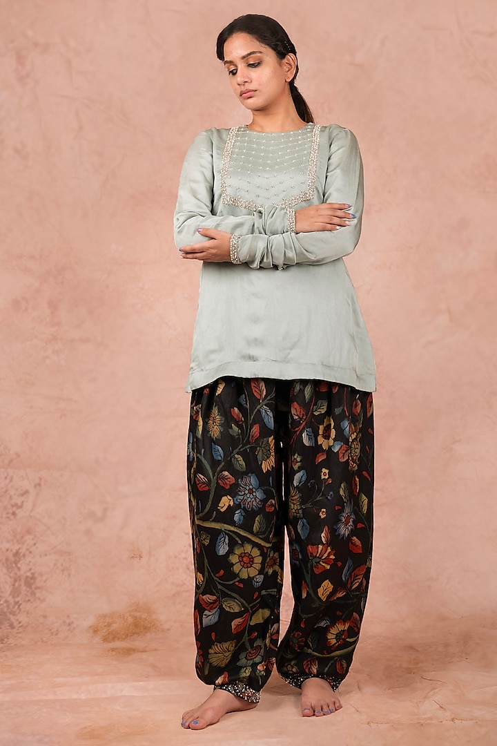 Ice Blue Silk & Linen Satin Pearl Embroidered Kurta Set by AAMRA BY LAVANYA at Pernia's Pop Up Shop