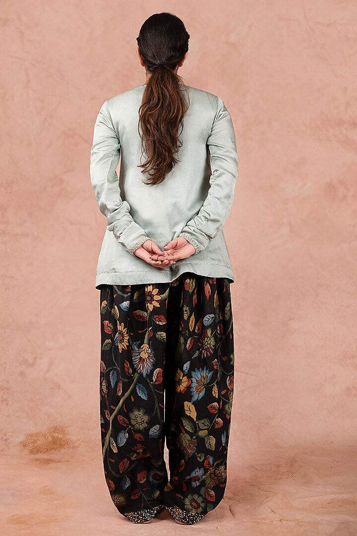 Ice Blue Silk & Linen Satin Pearl Embroidered Kurta Set by AAMRA BY LAVANYA at Pernia's Pop Up Shop