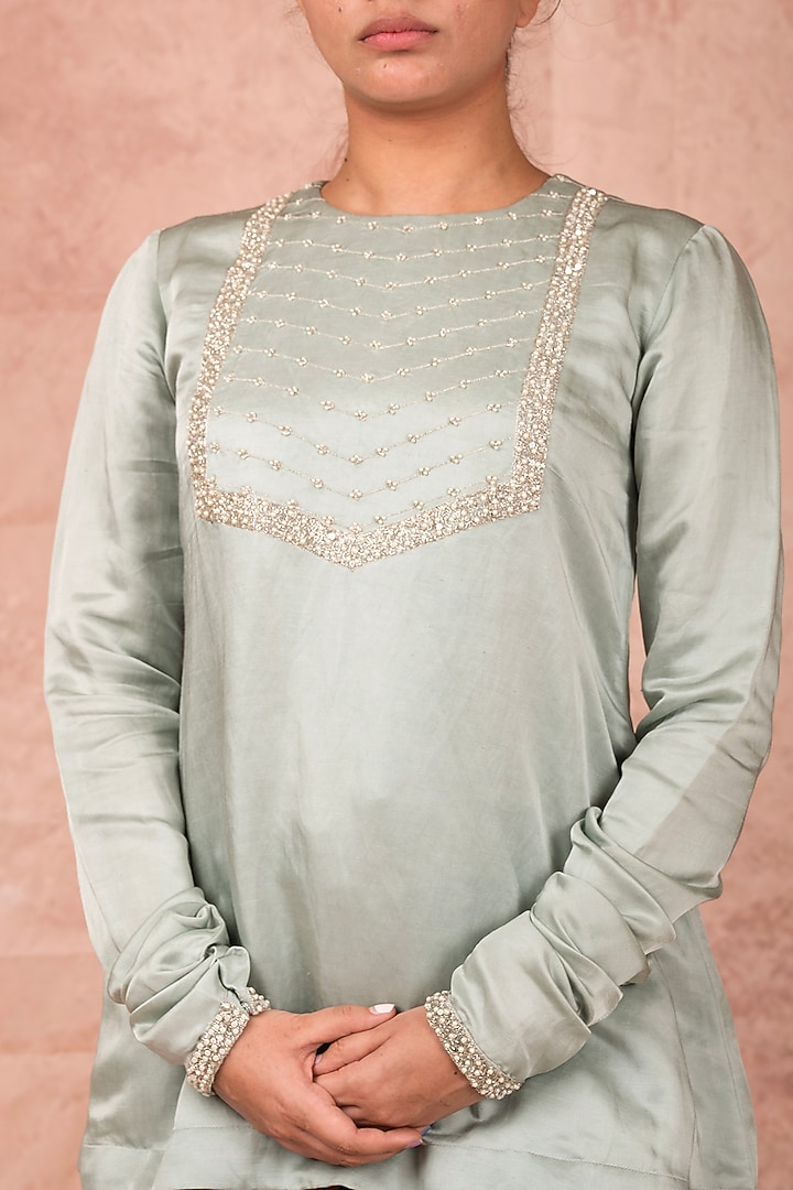 Ice Blue Silk & Linen Satin Pearl Embroidered Kurta Set by AAMRA BY LAVANYA at Pernia's Pop Up Shop