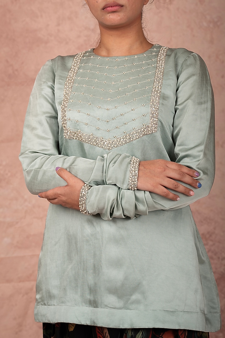Ice Blue Silk & Linen Satin Pearl Embroidered Kurta Set by AAMRA BY LAVANYA at Pernia's Pop Up Shop
