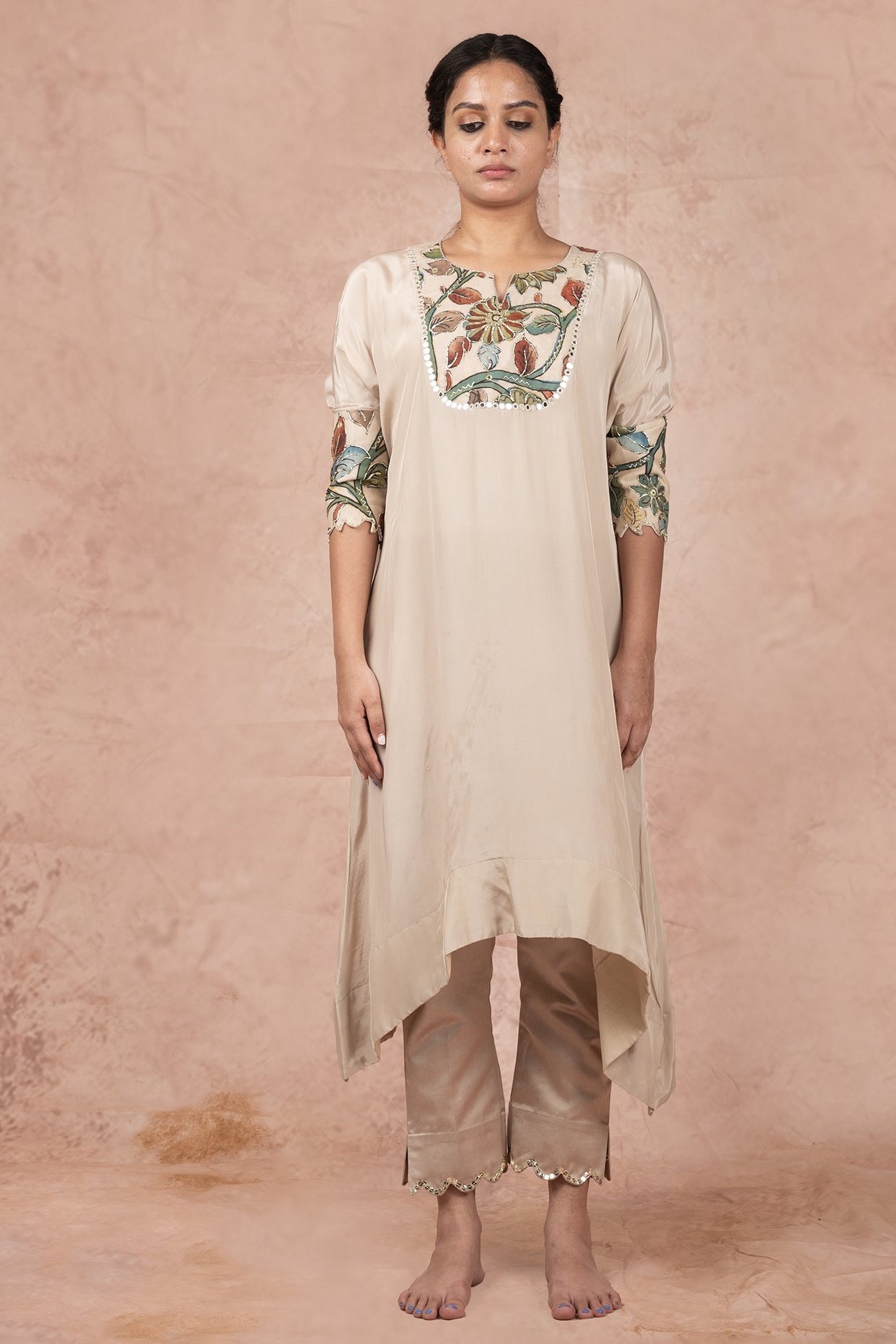 Ivory Crepe & Cotton Satin Hand Painted & Zardosi Embroidered Kaftan Set by AAMRA BY LAVANYA at Pernia's Pop Up Shop