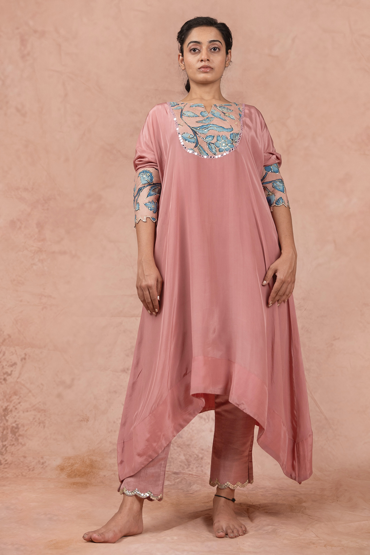 Sandrose Pink Crepe & Cotton Satin Hand Painted & Zardosi Embroidered Kaftan Set by AAMRA BY LAVANYA at Pernia's Pop Up Shop