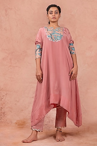 Sandrose Pink Crepe & Cotton Satin Hand Painted & Zardosi Embroidered Kaftan Set by AAMRA BY LAVANYA
