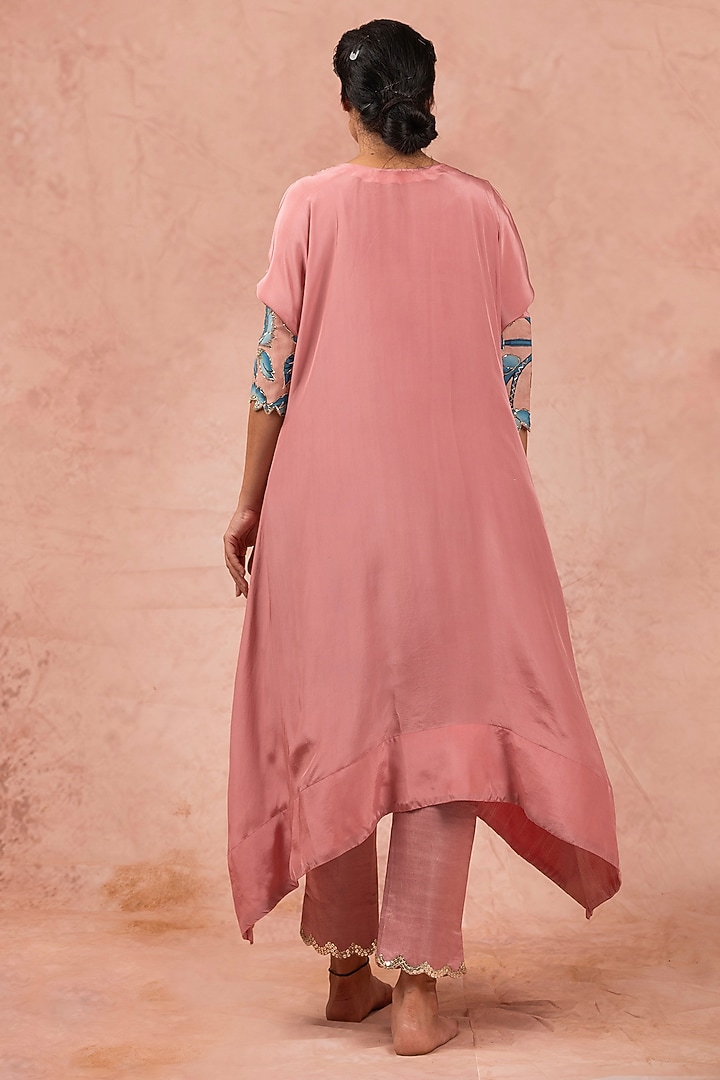 Sandrose Pink Crepe & Cotton Satin Hand Painted & Zardosi Embroidered Kaftan Set by AAMRA BY LAVANYA at Pernia's Pop Up Shop