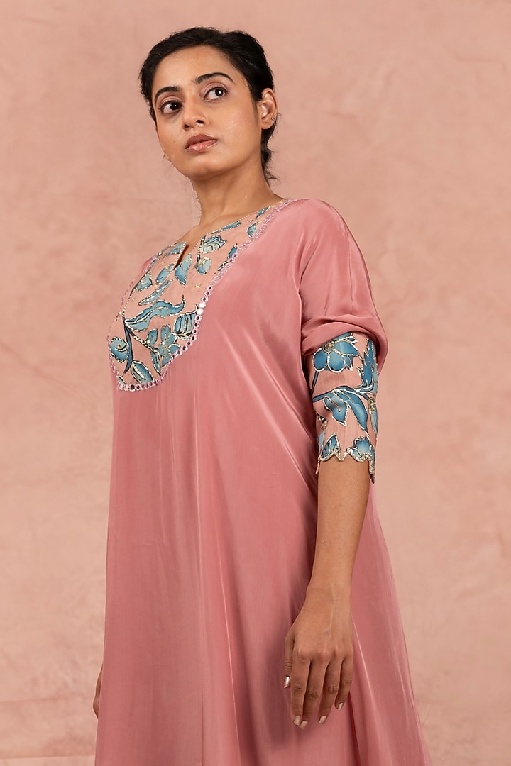 Sandrose Pink Crepe & Cotton Satin Hand Painted & Zardosi Embroidered Kaftan Set by AAMRA BY LAVANYA at Pernia's Pop Up Shop