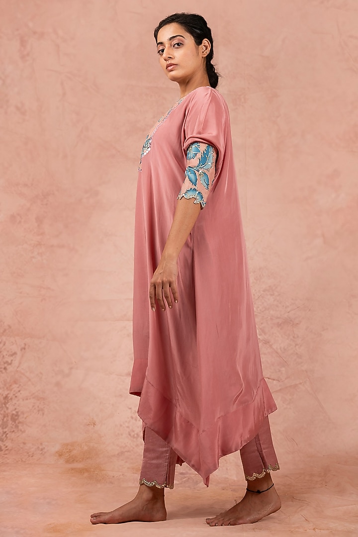 Sandrose Pink Crepe & Cotton Satin Hand Painted & Zardosi Embroidered Kaftan Set by AAMRA BY LAVANYA at Pernia's Pop Up Shop