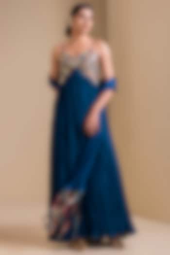 Peacock Blue Silk Kalamkari Hand Embroidered Maxi Cocktail Dress by AAMRA BY LAVANYA at Pernia's Pop Up Shop