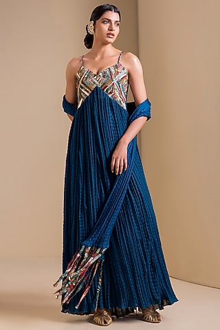 Peacock Blue Silk Kalamkari Hand Embroidered Maxi Dress by AAMRA BY LAVANYA