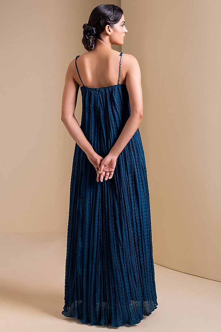 Peacock Blue Silk Kalamkari Hand Embroidered Maxi Cocktail Dress by AAMRA BY LAVANYA at Pernia's Pop Up Shop