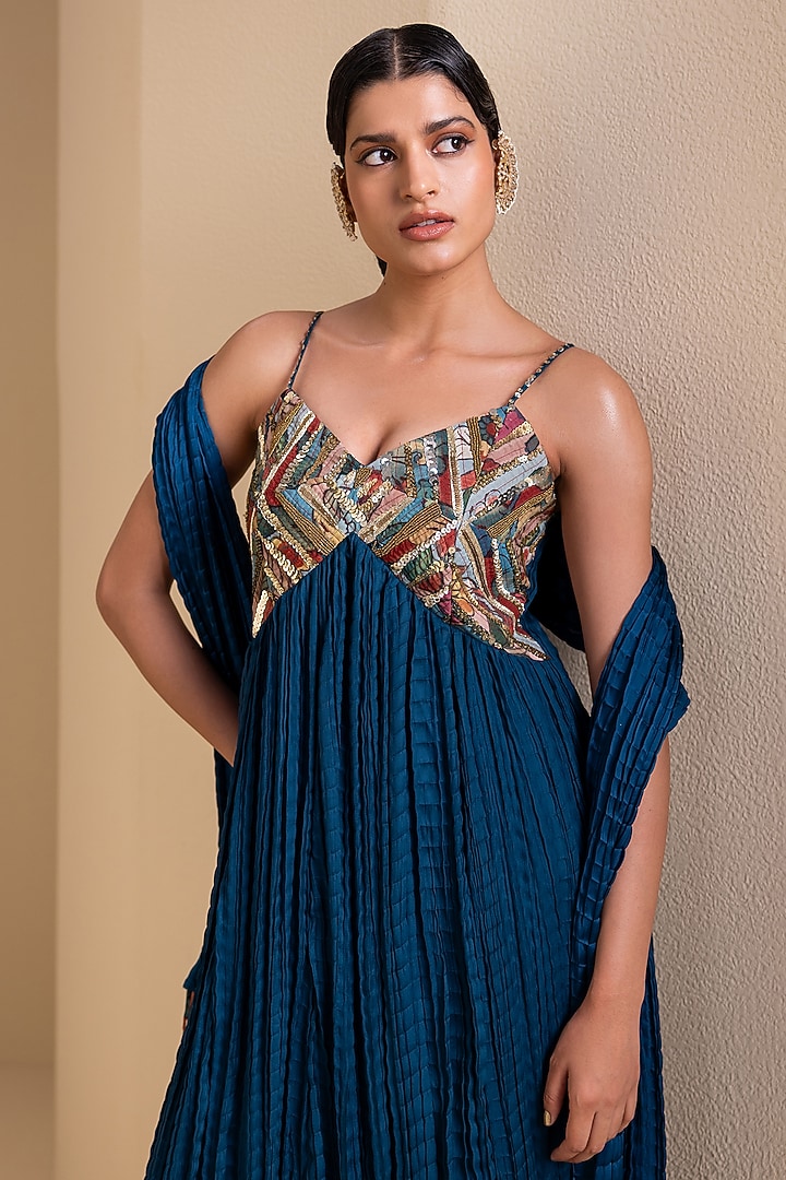 Peacock Blue Silk Kalamkari Hand Embroidered Maxi Cocktail Dress by AAMRA BY LAVANYA at Pernia's Pop Up Shop