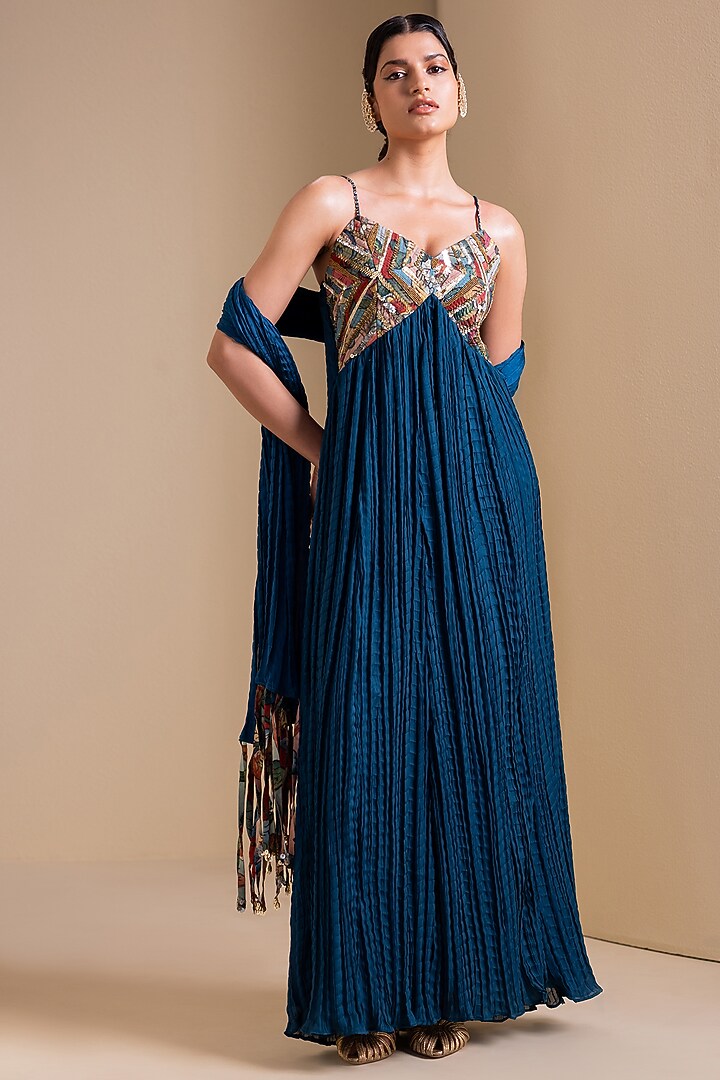 Peacock Blue Silk Kalamkari Hand Embroidered Maxi Cocktail Dress by AAMRA BY LAVANYA at Pernia's Pop Up Shop