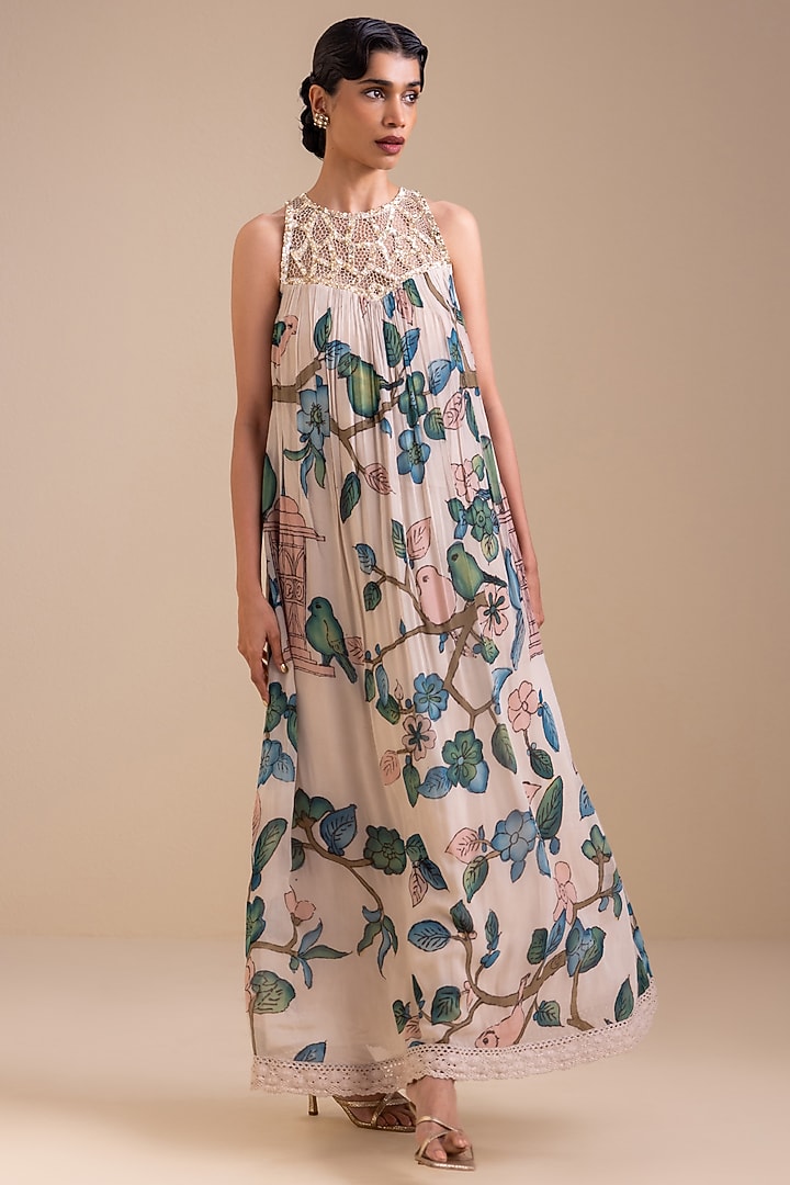 Ivory Georgette Birds Hand Painted Halter Maxi Cocktail Dress by AAMRA BY LAVANYA at Pernia's Pop Up Shop