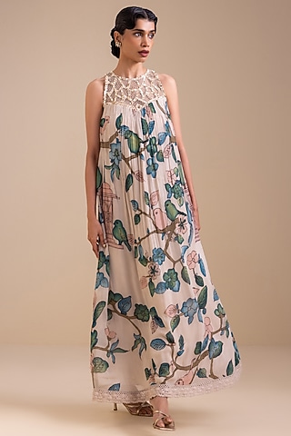 Ivory Georgette Birds Hand Painted Halter Maxi Dress by AAMRA BY LAVANYA