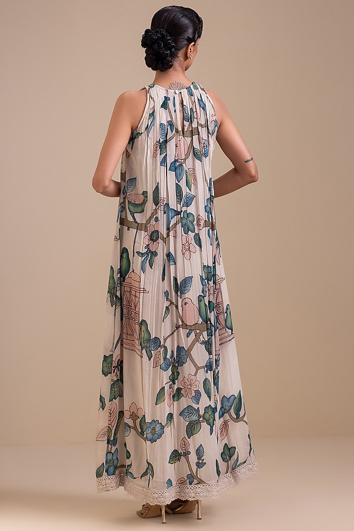 Ivory Georgette Birds Hand Painted Halter Maxi Cocktail Dress by AAMRA BY LAVANYA at Pernia's Pop Up Shop