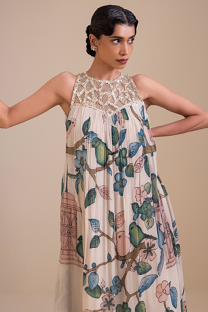 Ivory Georgette Birds Hand Painted Halter Maxi Cocktail Dress by AAMRA BY LAVANYA at Pernia's Pop Up Shop