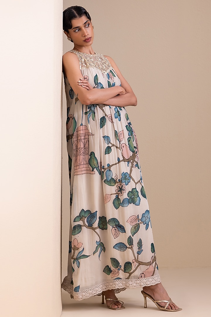 Ivory Georgette Birds Hand Painted Halter Maxi Cocktail Dress by AAMRA BY LAVANYA at Pernia's Pop Up Shop