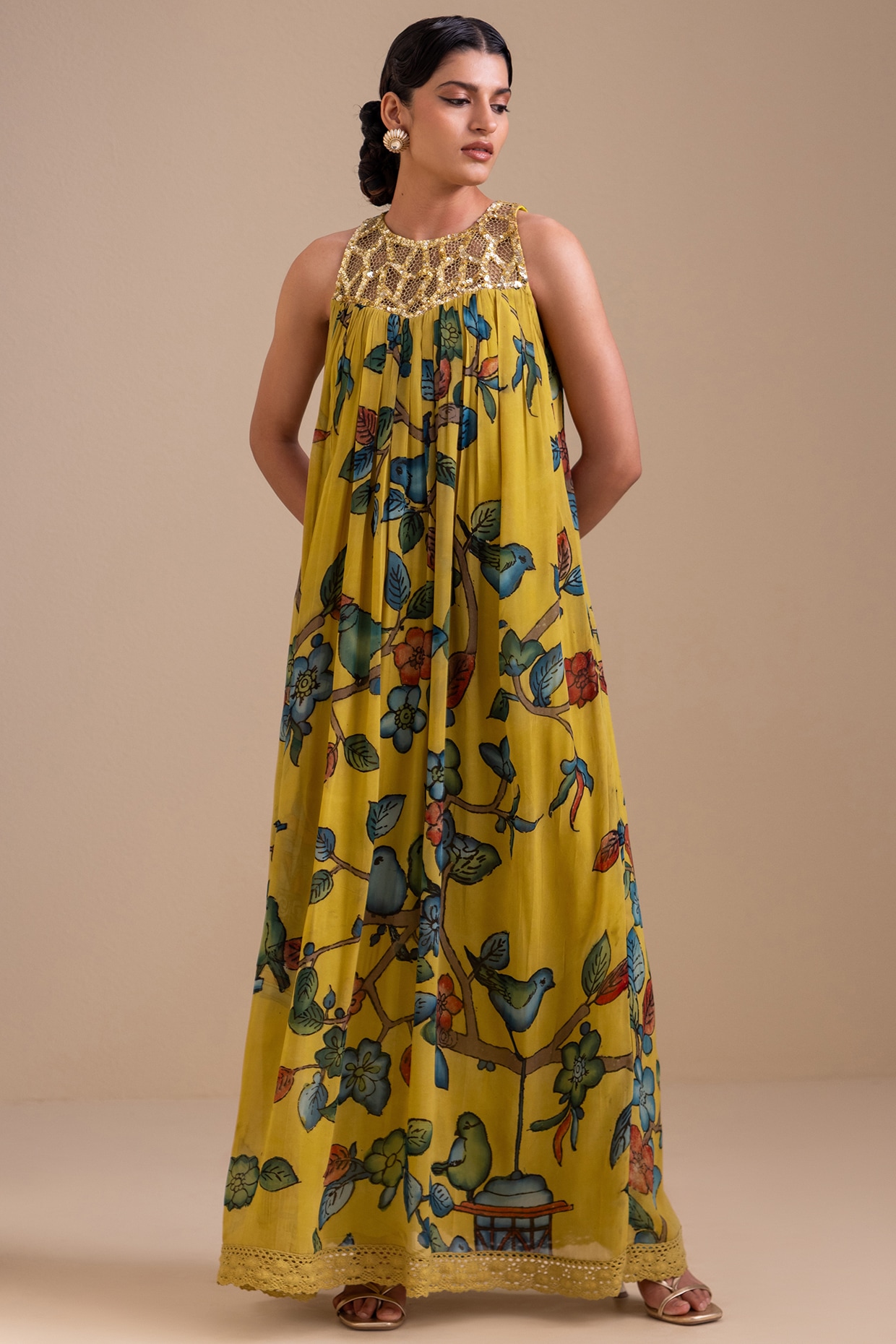 AAMRA BY LAVANYA Ochre Yellow Georgette Birds Hand Painted Halter Maxi Dress