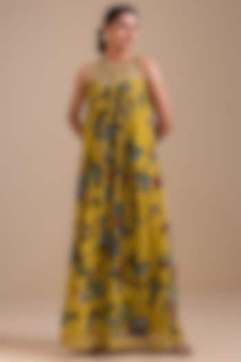 Ochre Yellow Georgette Birds Hand Painted Halter Maxi Cocktail Dress by AAMRA BY LAVANYA at Pernia's Pop Up Shop
