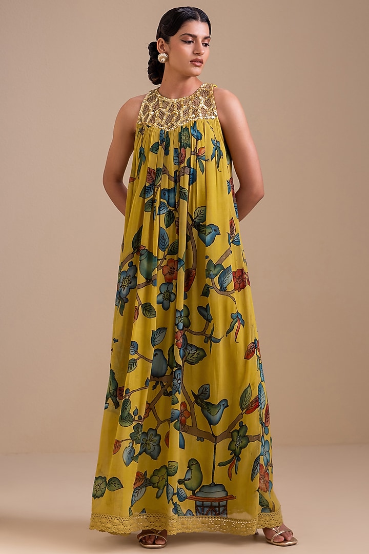 Ochre Yellow Georgette Birds Hand Painted Halter Maxi Cocktail Dress by AAMRA BY LAVANYA at Pernia's Pop Up Shop