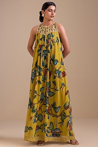 Ochre Yellow Georgette Birds Hand Painted Halter Maxi Dress by AAMRA BY LAVANYA