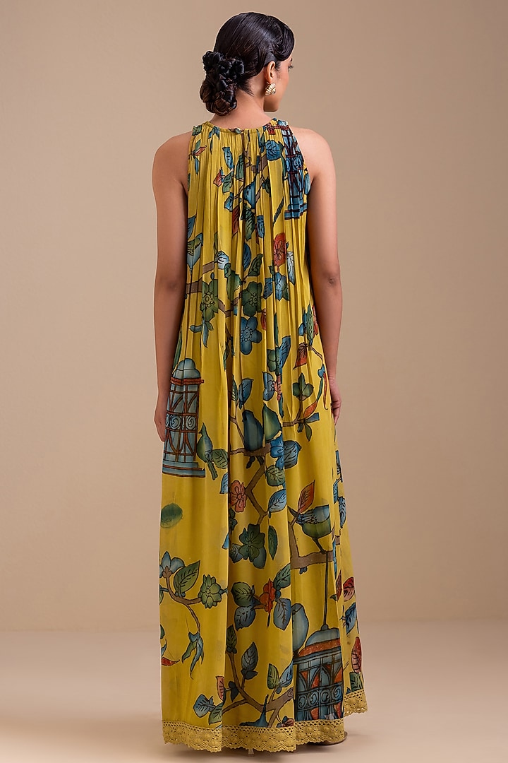 Ochre Yellow Georgette Birds Hand Painted Halter Maxi Cocktail Dress by AAMRA BY LAVANYA at Pernia's Pop Up Shop