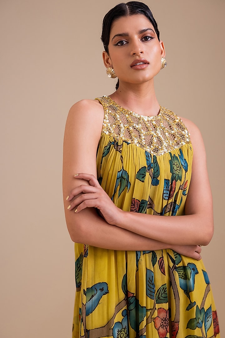 Ochre Yellow Georgette Birds Hand Painted Halter Maxi Cocktail Dress by AAMRA BY LAVANYA at Pernia's Pop Up Shop